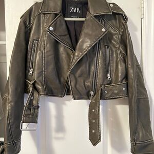 Zara Women's Cropped Green/Grey Leather Jacket